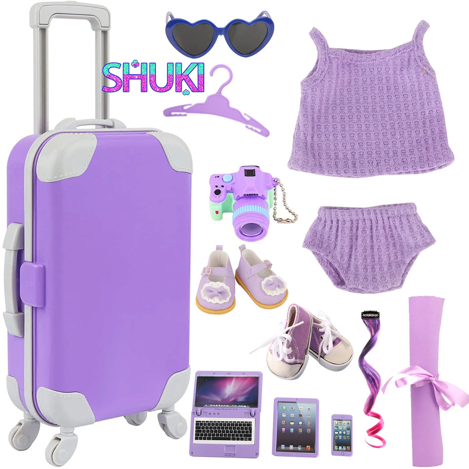 Purple Color Doll Accessories Luggage, Sweater Pajamas, Yoga mat, Shoes, Camera, Hangers For 43cm Baby New Born&American Dolls